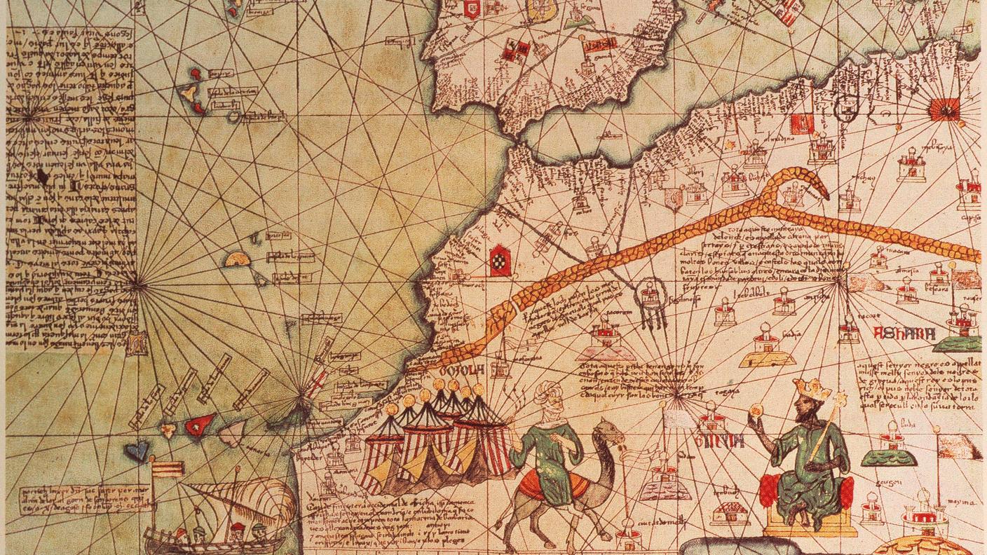 Mansa Musa, re del Mali, seduto sul suo trono. Di fronte a lui un Tuareg sul suo cammello - Dettaglio dell'Atlante catalano del 1375
