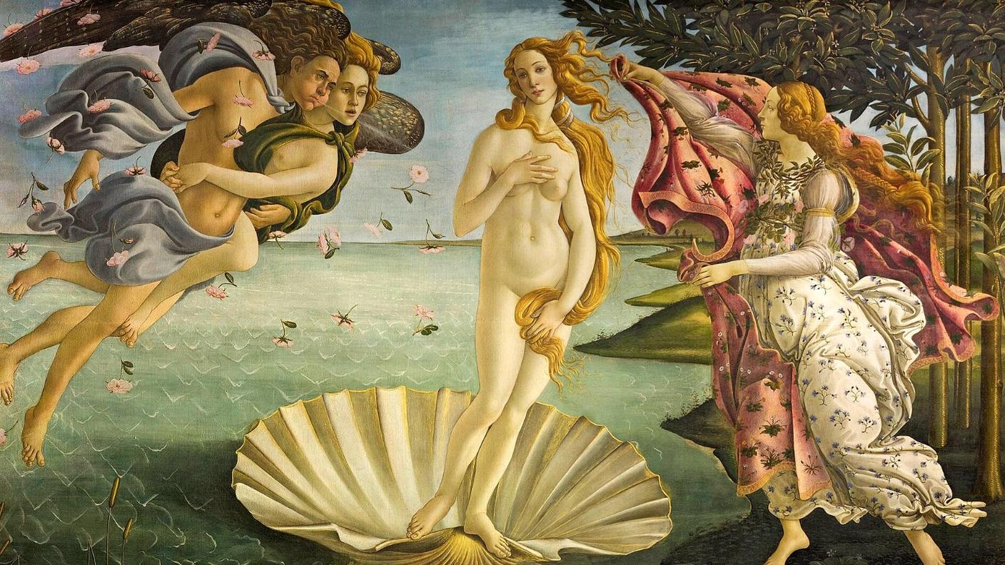 Depicts the goddess Venus, having emerged from the sea as a fully grown woman, arriving at the sea-shore. The seashell she stands on was a symbol in classical antiquity for a woman's vulva. Thought to be based in part on the Venus de' Medici, an ancient Greek marble sculpture of Aphrodite