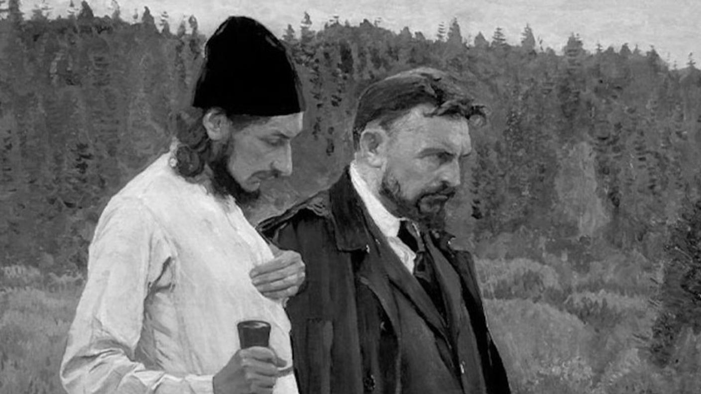 M. Nesterov, Filosofi (Florenskij e Bulgakov, vestito di scuro), 1917