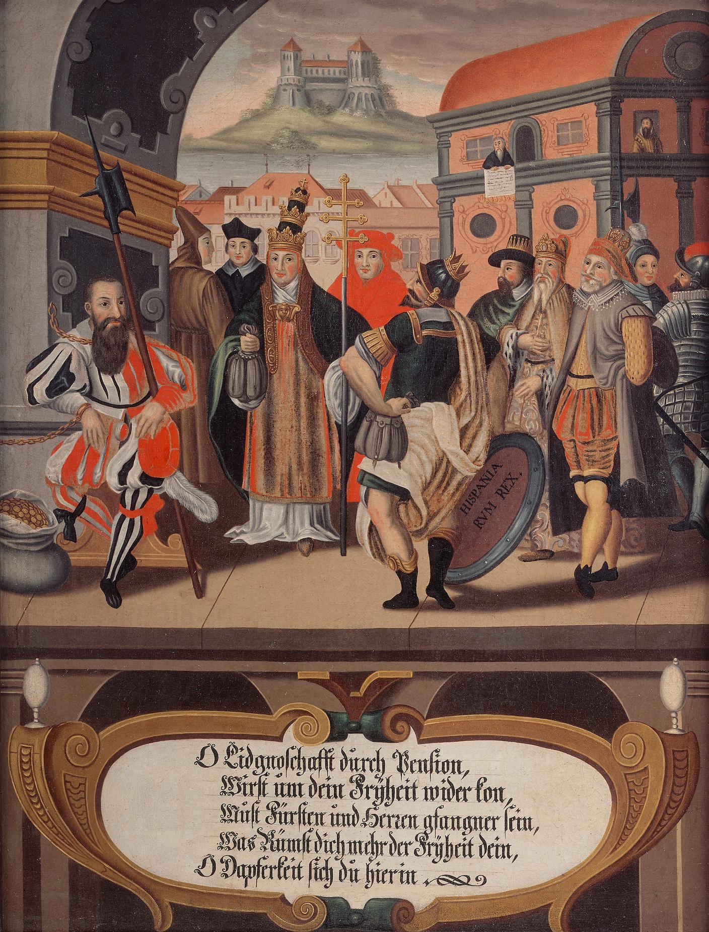Questa allegoria, che denuncia l’avidità nel servizio mercenario, allude alle dipendenze politiche della Confederazione. Anonimo, ca. 1625