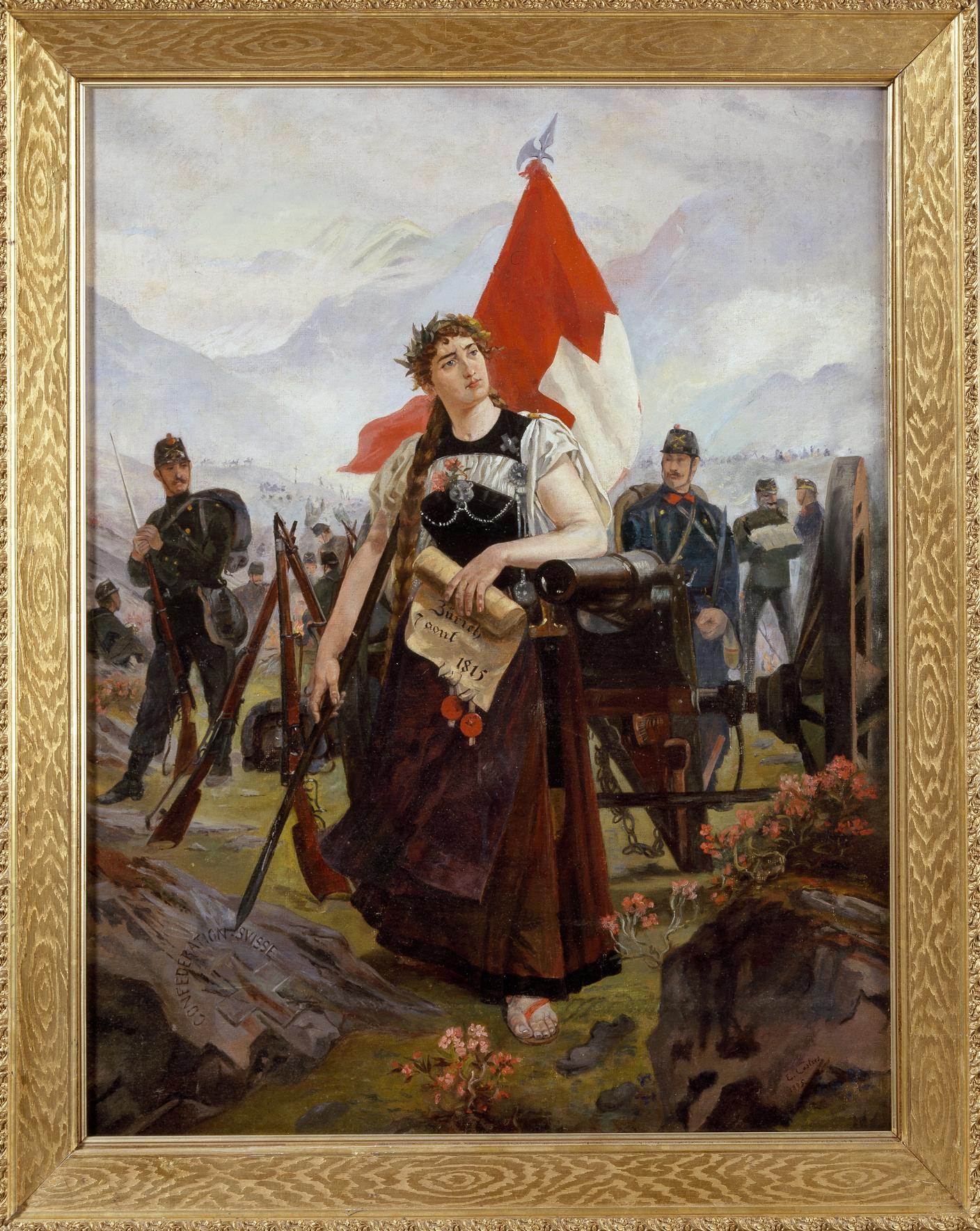 Helvetia regge in mano il Patto federale del 7 agosto 1815 appoggiata alla canna di un cannone. Il costume tradizionale bernese e lo sfondo alpino collocano la figura nel linguaggio iconografico nazionale. Edouard Castres, La Svizzera pronta a difendersi, 1895