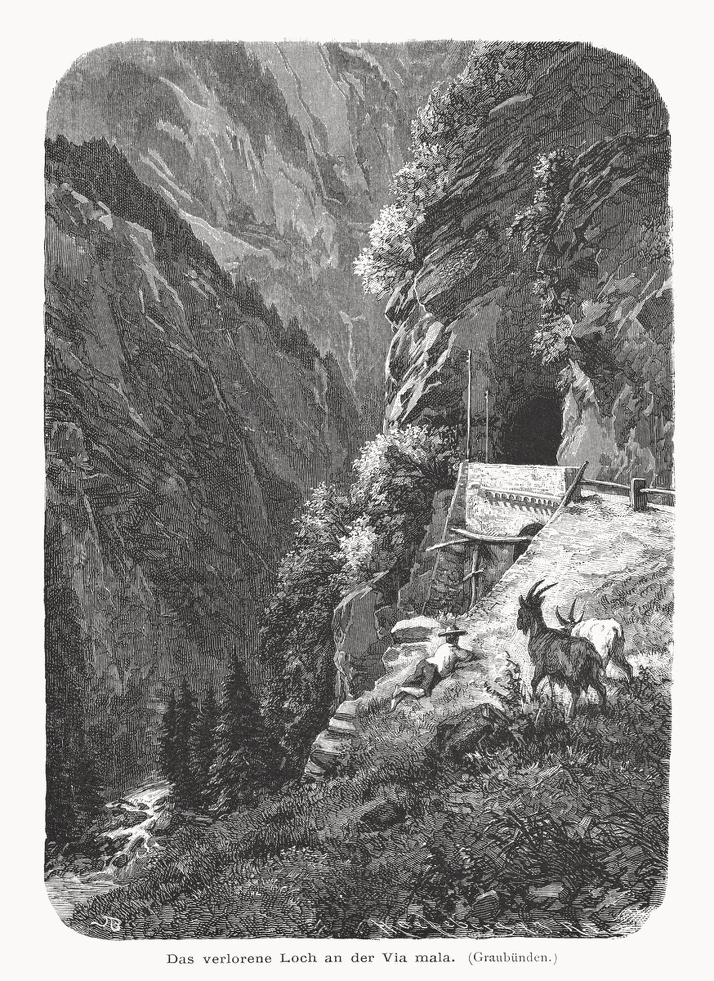 Incisione xilografica raffigurante la Viamala nel Canton Grigioni (1877).