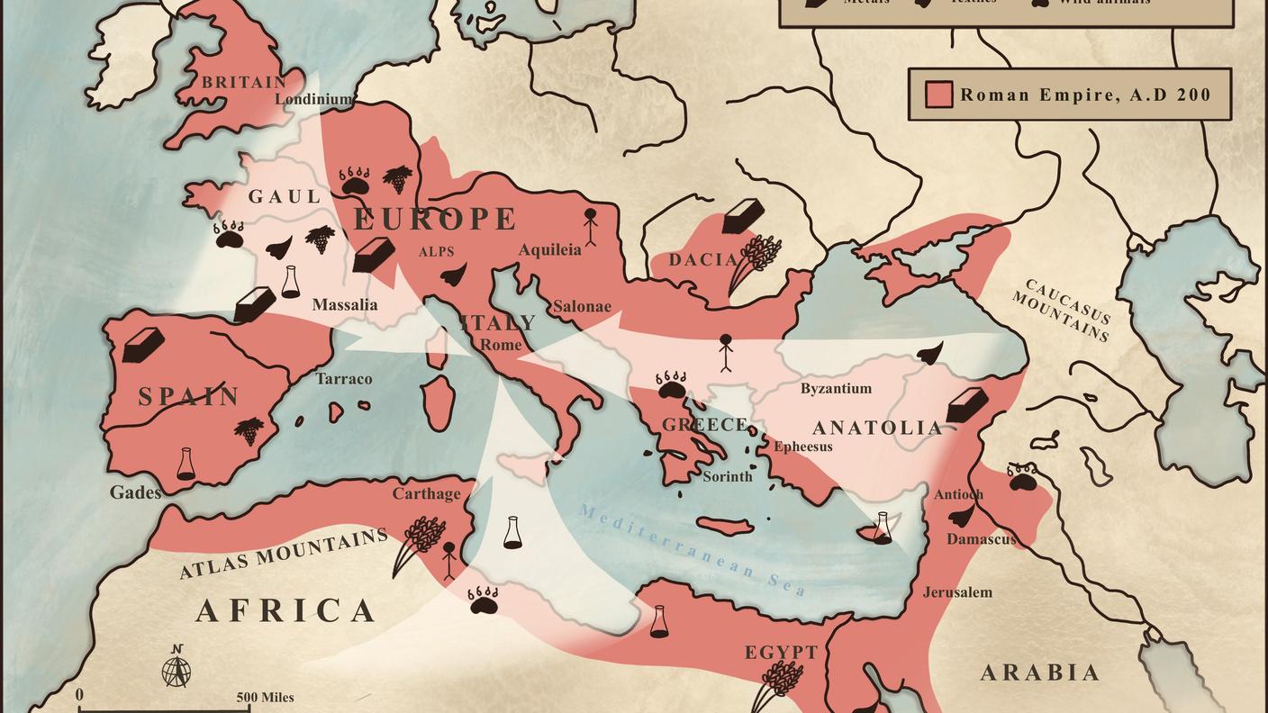 Mappa del Commercio nell'Impero Romano, circa 200 d.C. (CC BY-NC-SA)
