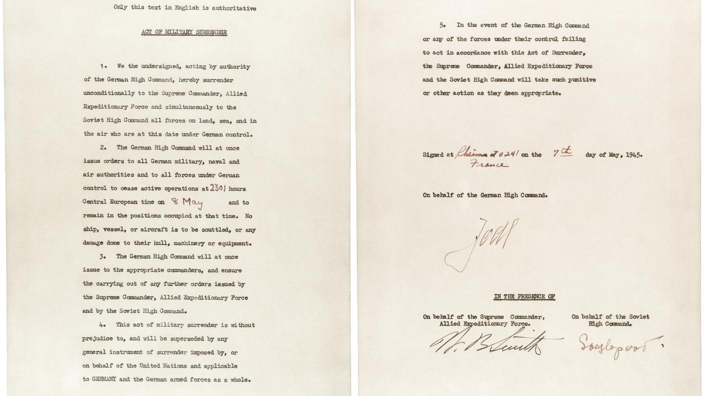 Il documento di resa firmato il 7 maggio 1945 dal generale Alfred Jodl. 