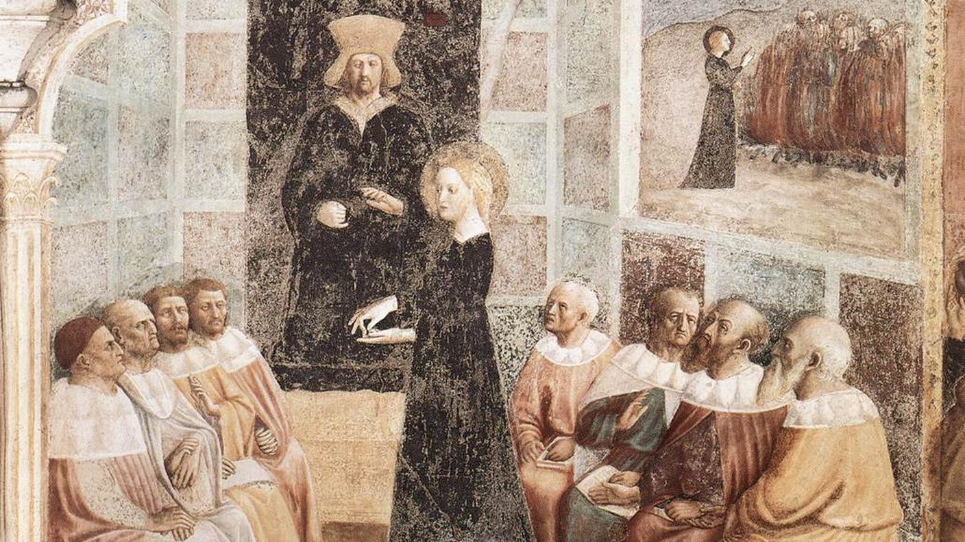 Masolino da Panicale (1383-1447), Santa Caterina e i filosofi di Alessandria davanti all’imperatore, 1428-1430, affresco, Basilica di San Clemente, Roma. 