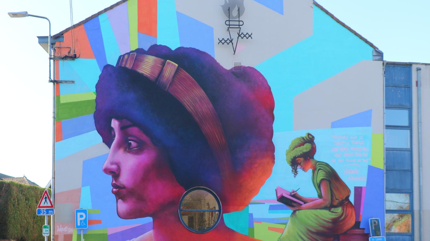 EmDee, Ipazia, 2025, affresco, Casa della Laicità Hypathia, Festival internazionale di arte urbana Fresh Paint OLLN, Ottignies, Belgio.