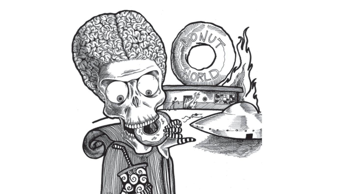 "Il mondo salvato da una ciambella", illustrazione di Leonardo Malaguti dal libro "Zuppe, zucche e pan di zenzero" di Francesca Rosso, Edizioni Il leone verde.
