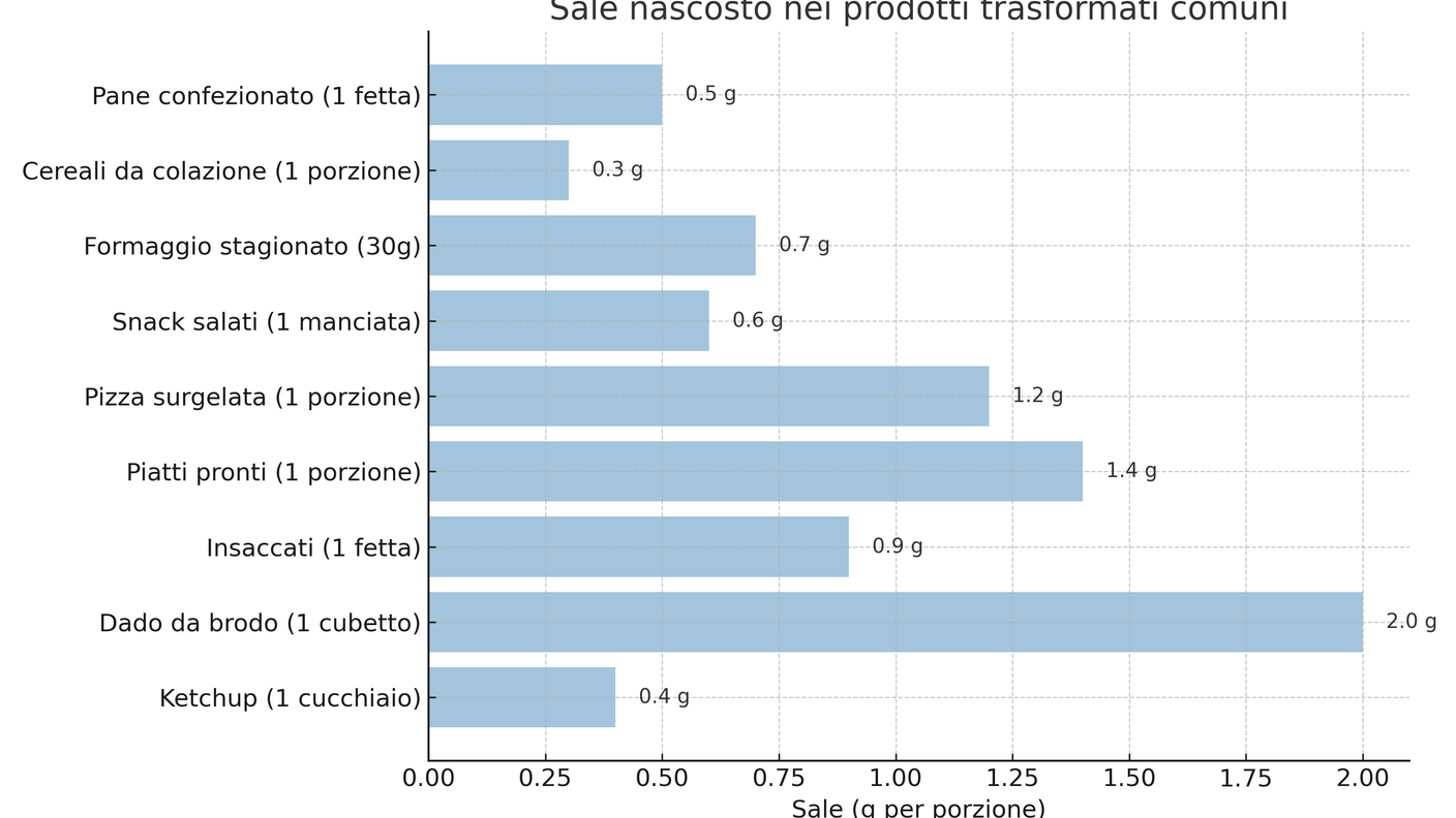 Elaborazione su dati nutrizionali medi di prodotti trasformati, disponibili da etichette ufficiali e banche dati europee (2024).