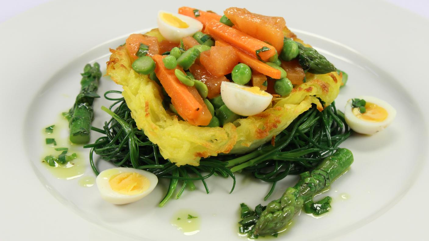 Cestino pasquale: patate, uova di quaglia, giardiniera e agretti