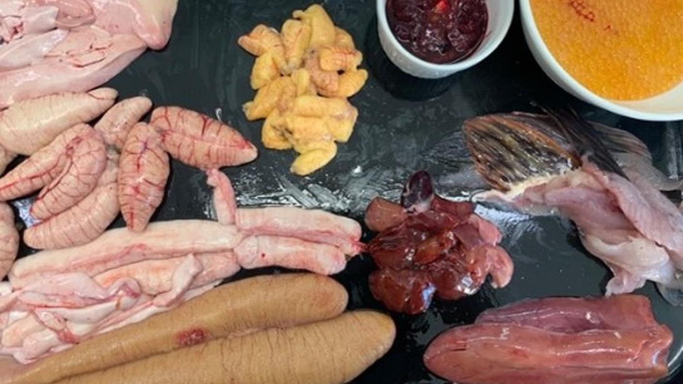 A partire da sinistra in alto, in senso orario: fegato di bottatrice, uova di bottatrice, sangue di luccio, uova di trota di lago, pinne di luccio, fegato di luccio, fegati di pesci diversi, uova di luccio, animelle di luccio, uova di pesce persico.