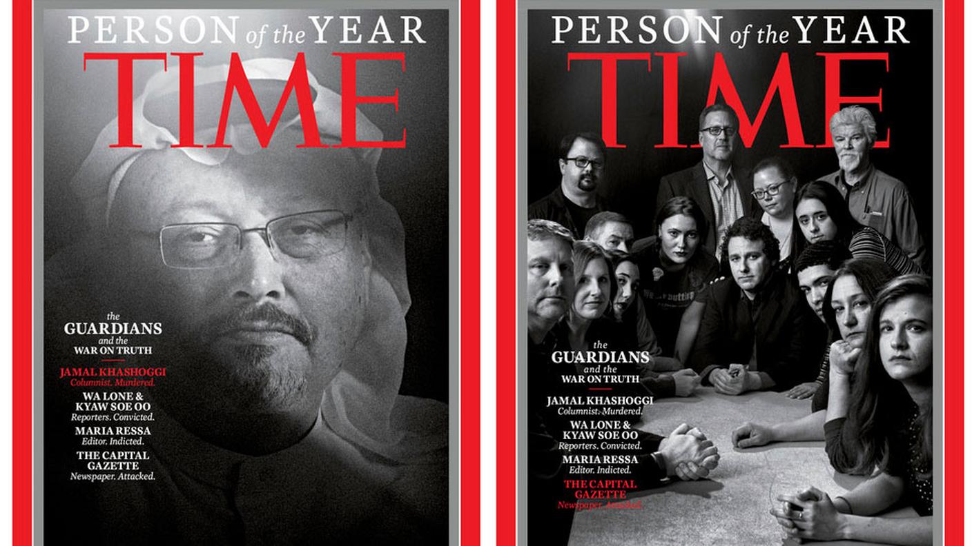Due delle quattro copertine. A sinistra: Jamal Khashoggi. A destra: la redazione del Capital Gazette