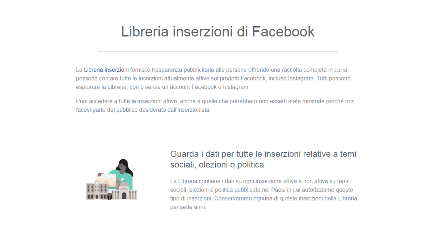 La Ad Library di Facebook per la Svizzera. A differenza di altri Paesi, come gli Stati Uniti, qui manca la voce "report" con le spese sostenute dai gruppi politici