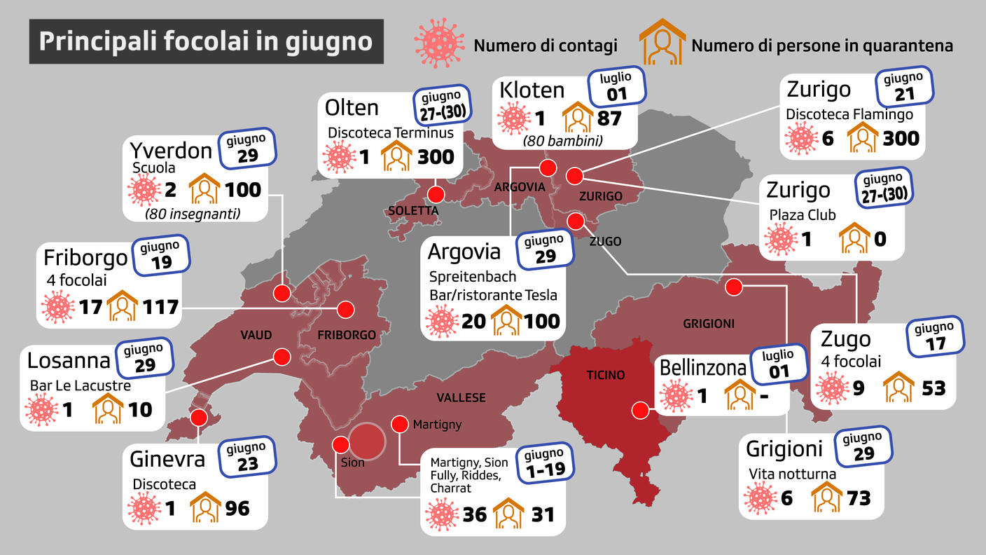 I principali focolai in Svizzera delle ultime settimane (compreso il 1° luglio)