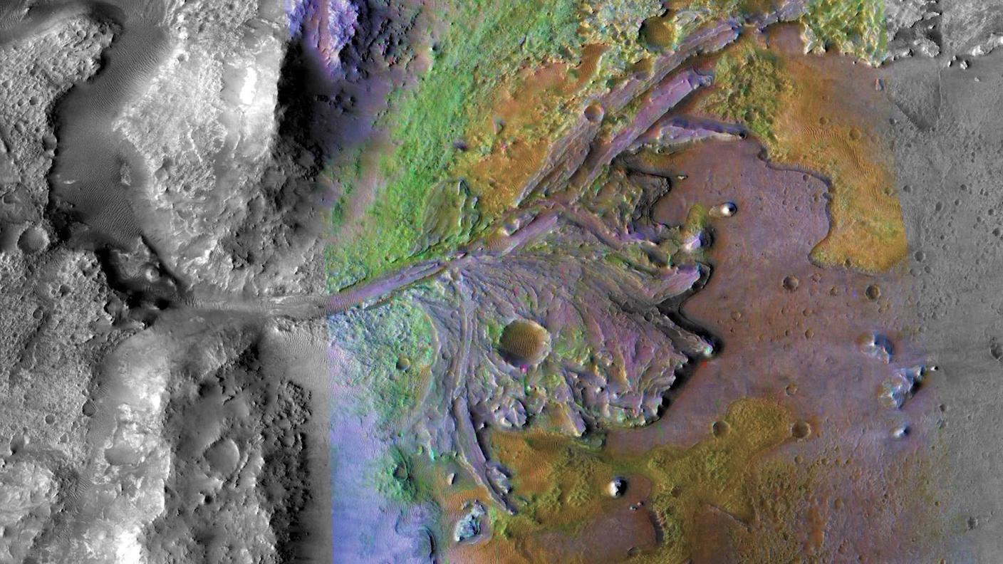 Il cratere Jezero, su Marte, luogo dell'atterraggio di Perseverance