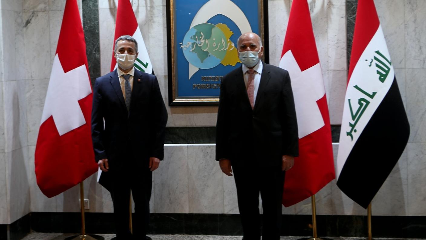 Ignazio Cassis e il suo omologo Fouad Hussein sabato a Baghdad, in Iraq