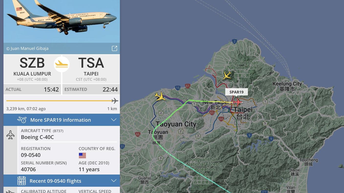 L'aereo della US Air Force usato da Nancy Pelosi è atterrato a Taipei, sull'isola di Taiwan.