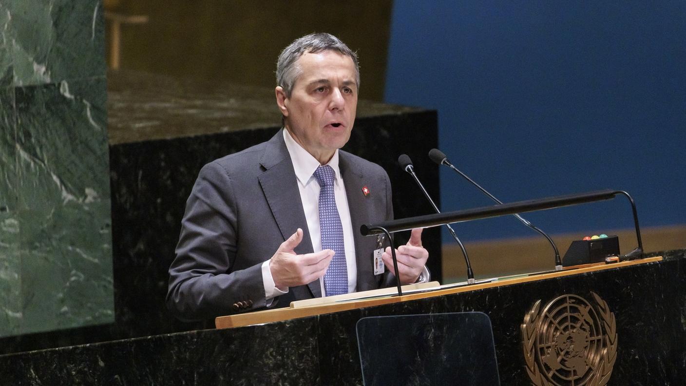 Il consigliere federale Ignazio Cassis, durante l'11a sessione di emergenza ONU sul conflitto in Ucraina