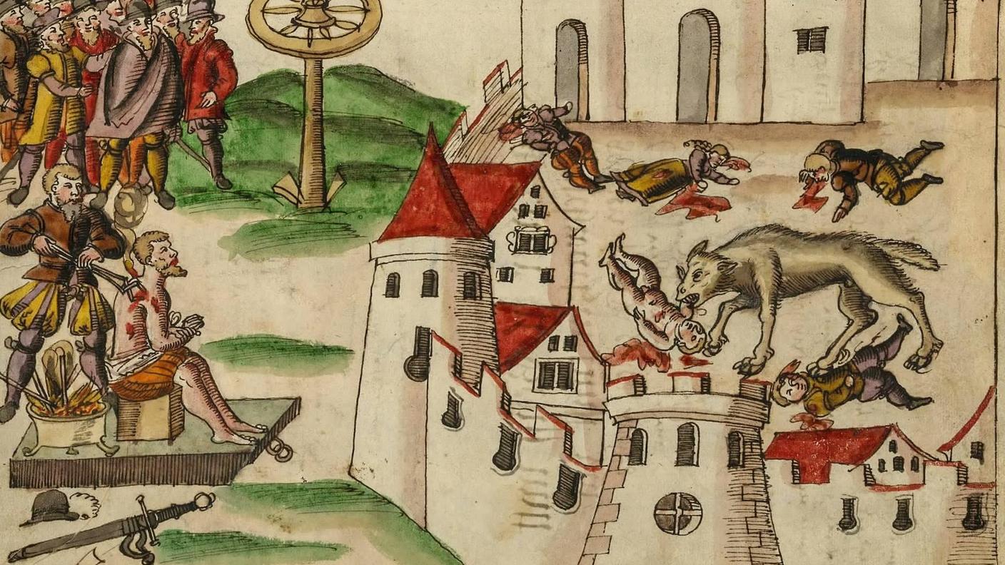 Questa stampa zurighese rappresenta un uomo che, nelle vesti di lupo, nel 1580 avrebbe ucciso sedici bambini a Ginevra