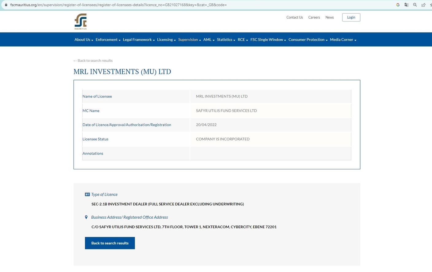 La società MRL risulta ufficialmente iscritta al registro di commercio delle Mauritius