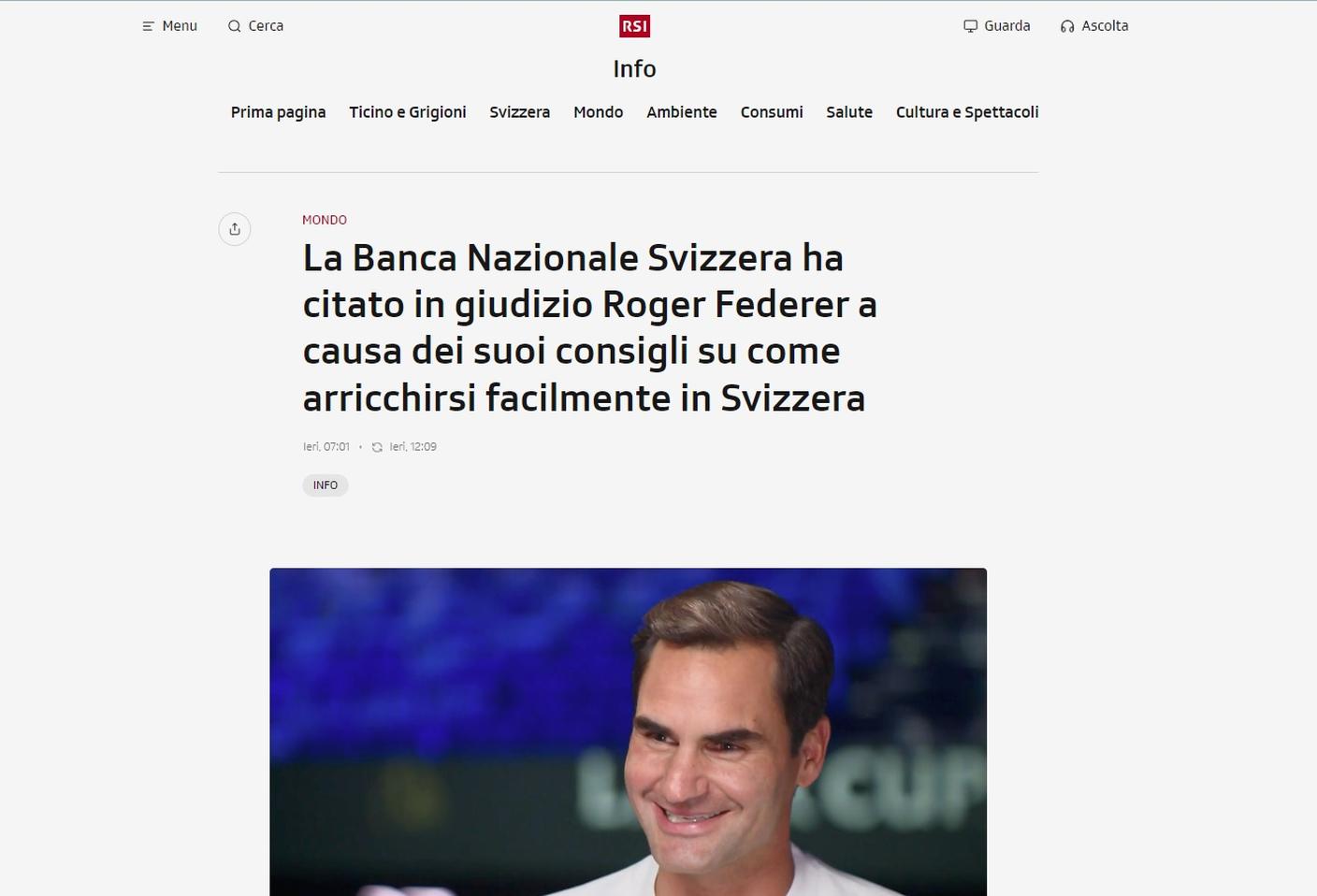 Un finto sito RSI con Federer come protagonista