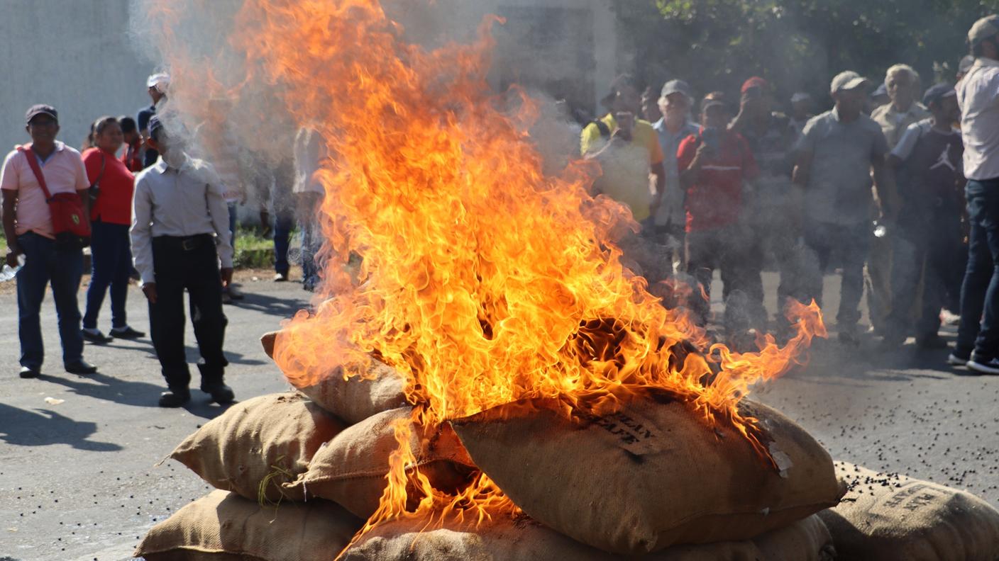 Gli agricoltori hanno bloccato alcuni giorni ga una strada di passaggio del caffè, bruciando dei sacchi in segno di protesta