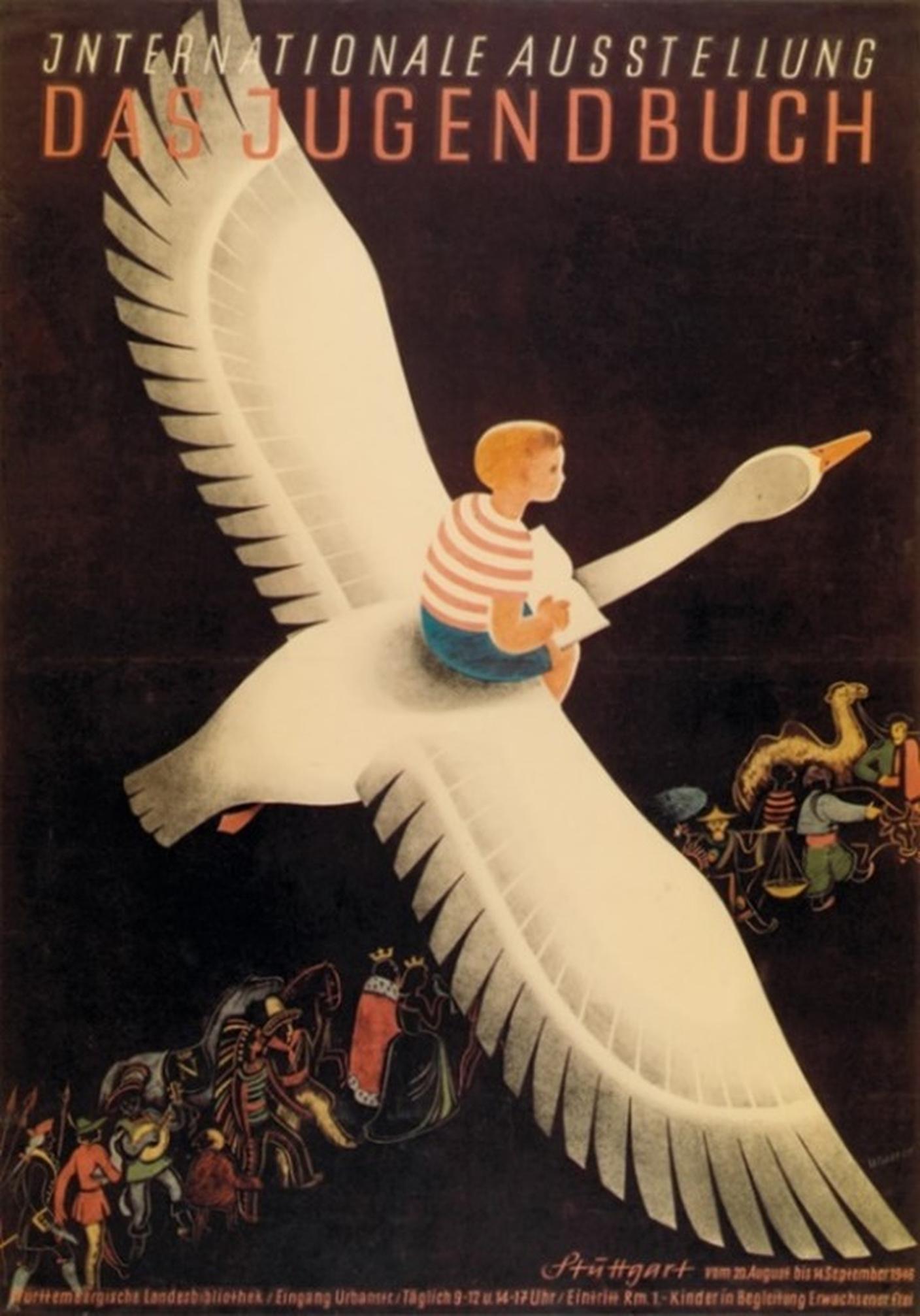 Manifesto della mostra internazionale “Das Jugendbuch” a Stoccarda, dal 20 agosto al 14 settembre 1946