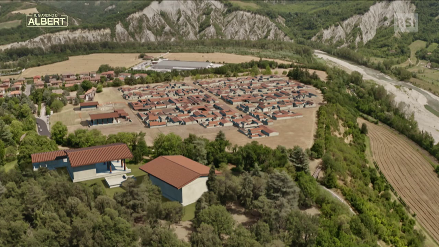 Una ricostruzione della città etrusca di Marzabotto, in Italia 