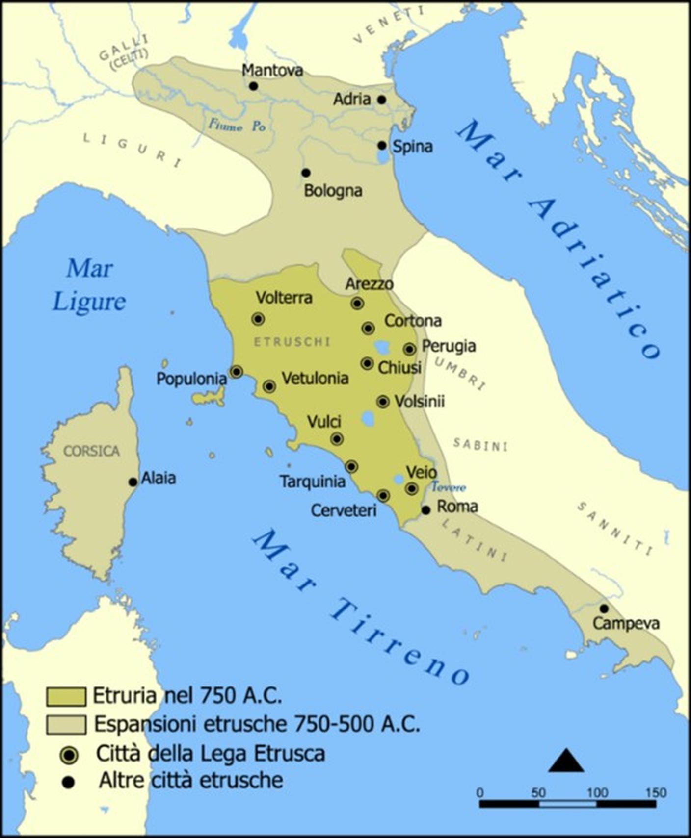 Una mappa del territorio dell'Etruria e la sua evoluzione nel tempo 