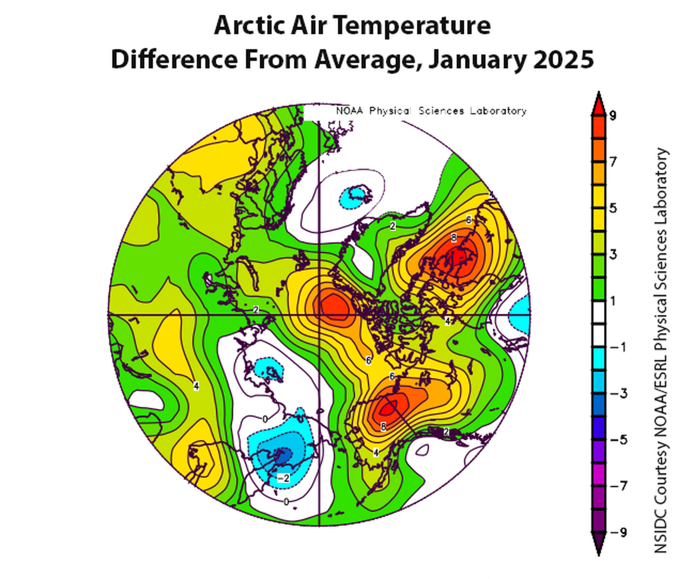 Durante il mese di gennaio 2025 in alcune aree dell'Artico, come la Groenlandia e l'Alaska, è stata registrata una temperatura di 8°C superiore alla media. 