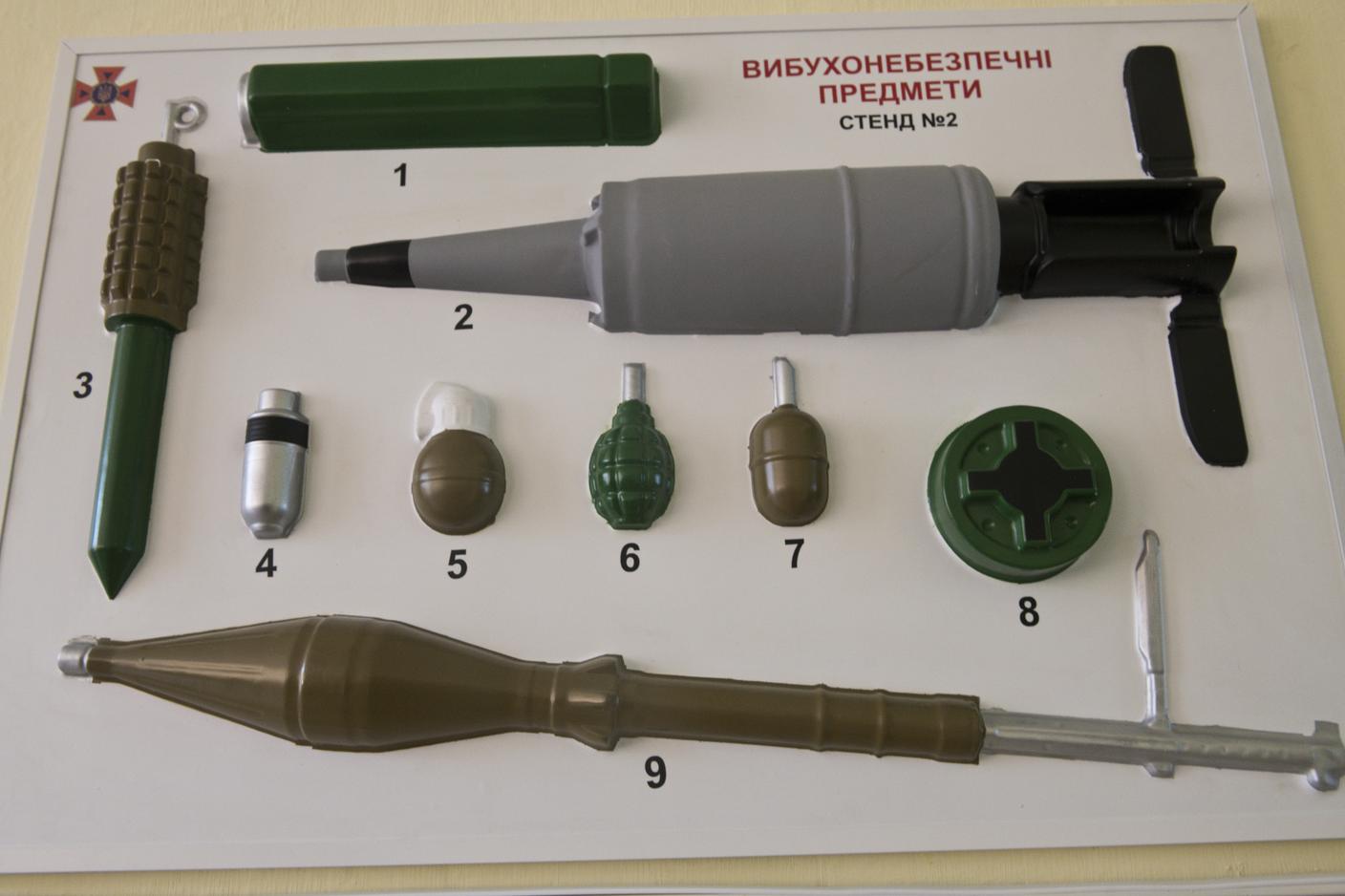 Una guida per identificare mine ed ordigni inesplosi appeso in una classe del liceo numero 35 di Kramatorsk