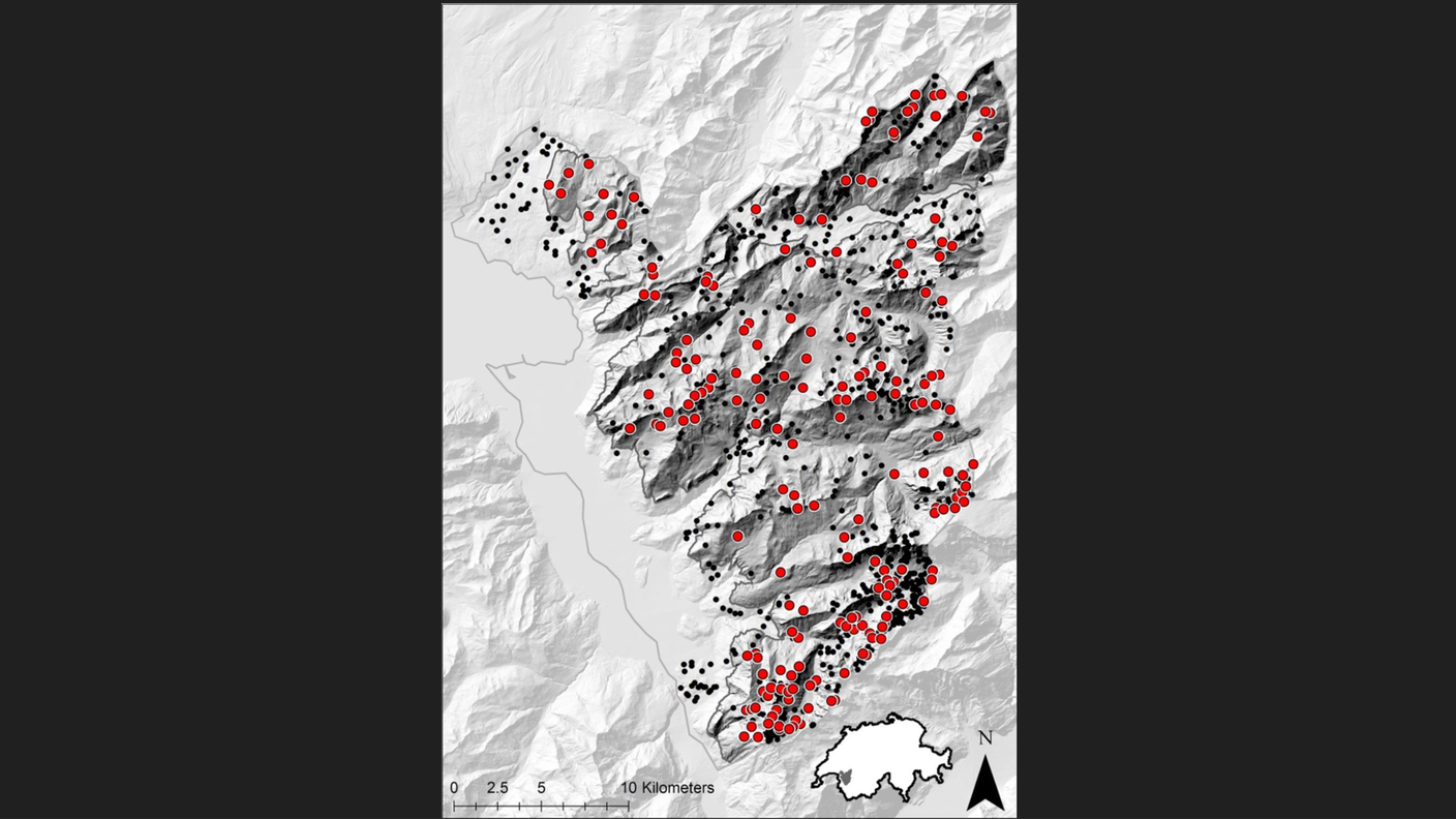 sito delle ricerche tra i distretti di Aigle e Riviera-Pays-d'Enhaut: i punti corrispondono ai luoghi di campionamento delle farfalle (punti rossi) e della vegetazione (punti neri) 