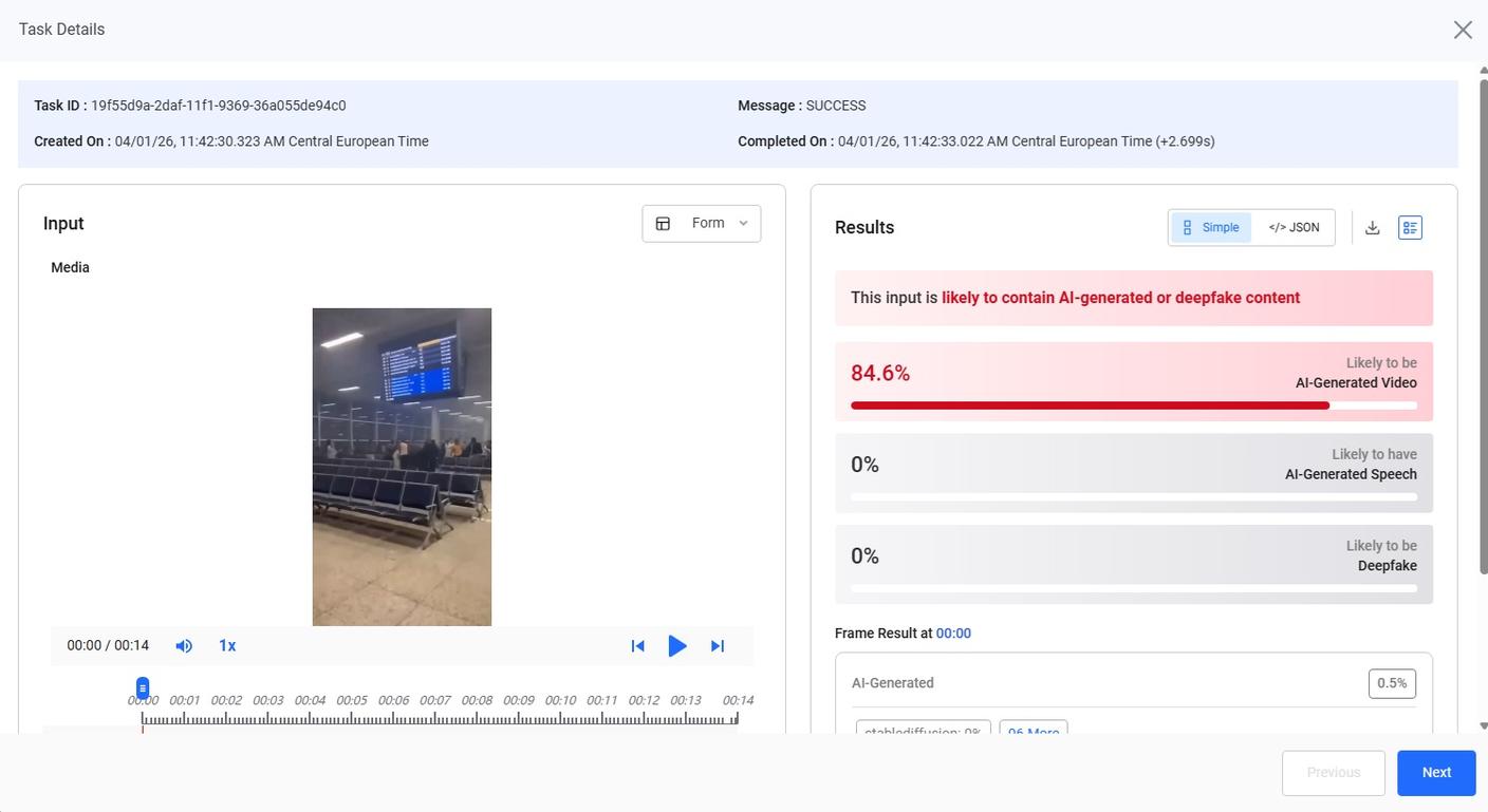 Hive detector, strumento per il controllo di contenuti generati con IA, dichiara che il video è molto probabilmente generato dall'intelligenza artificiale, ma da sola questa affermazione non è sufficiente a stabilire la non autenticità del contenuto