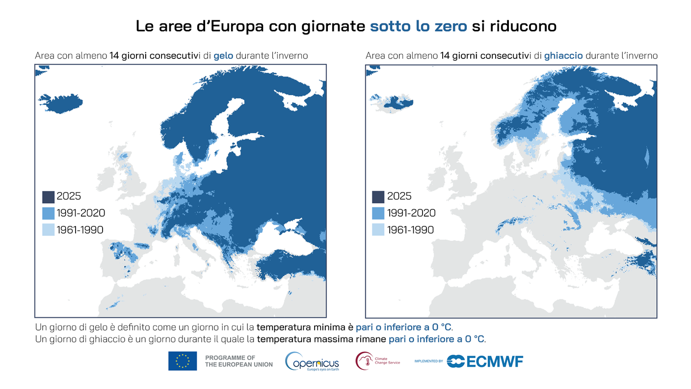 L'area dell'Europa che ha registrato almeno 14 giorni consecutivi (a sinistra) di "gelo" e (a destra) di "ghiaccio" nel 2025 (blu scuro) rispetto alla media del periodo 1991-2020 (blu medio) e alla media del periodo 1961-1990 (blu chiaro). 