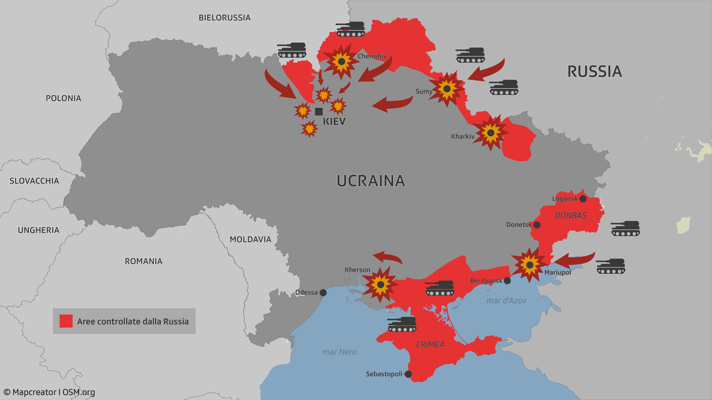 Le aree controllate dall'esercito russo a una settimana dall'inizio dell'invasione dell'Ucraina