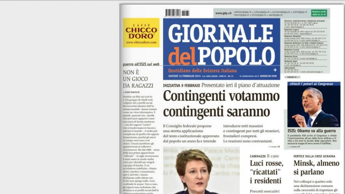 La prima pagina del Corriere del Giornale del Popolo