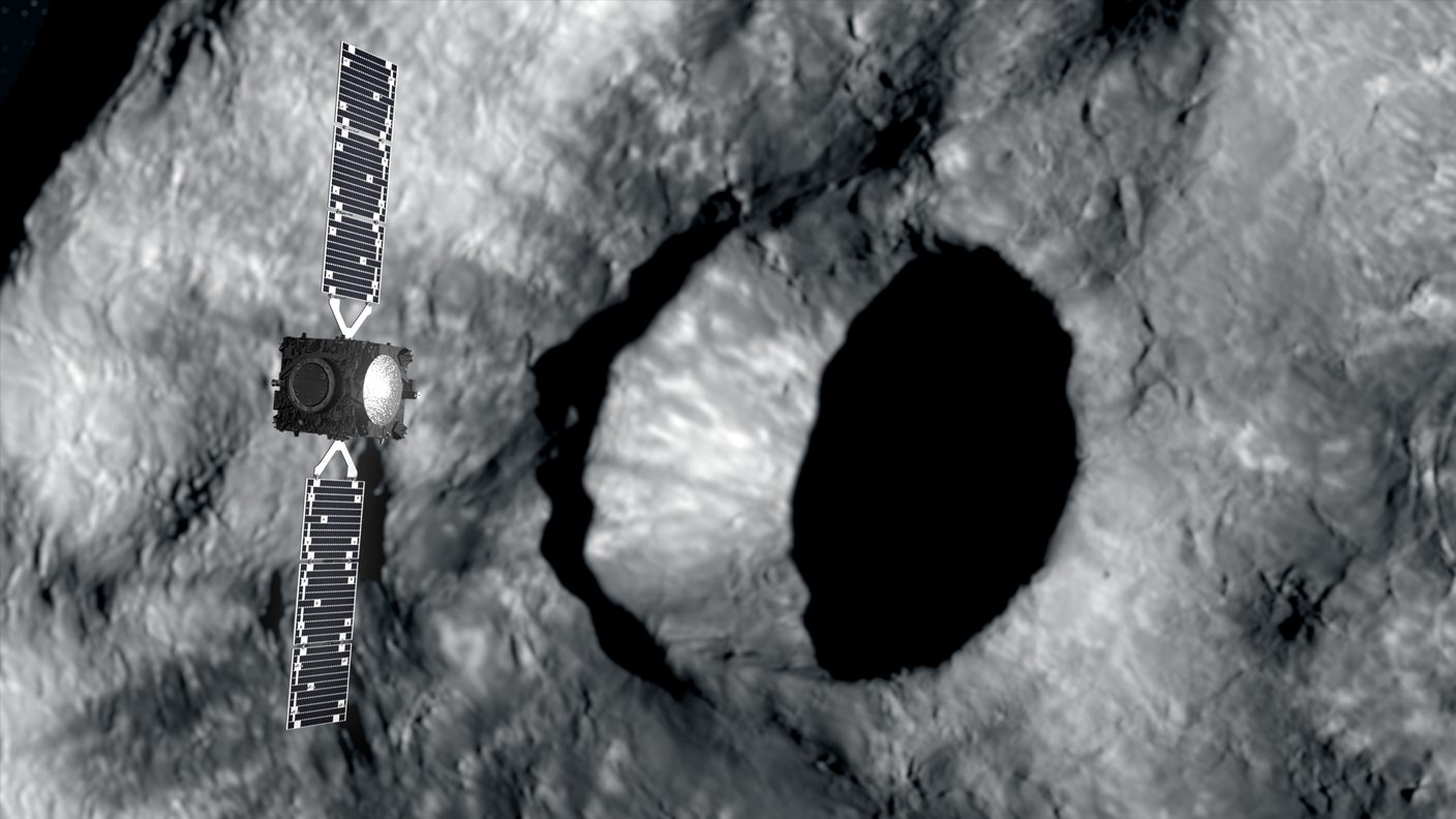 Simulazione della missione Hesa che si avvicina all'asteroide Dimorphos per mappare il cratere d'impatto lasciato dalla sonda spaziale DART della NASA
