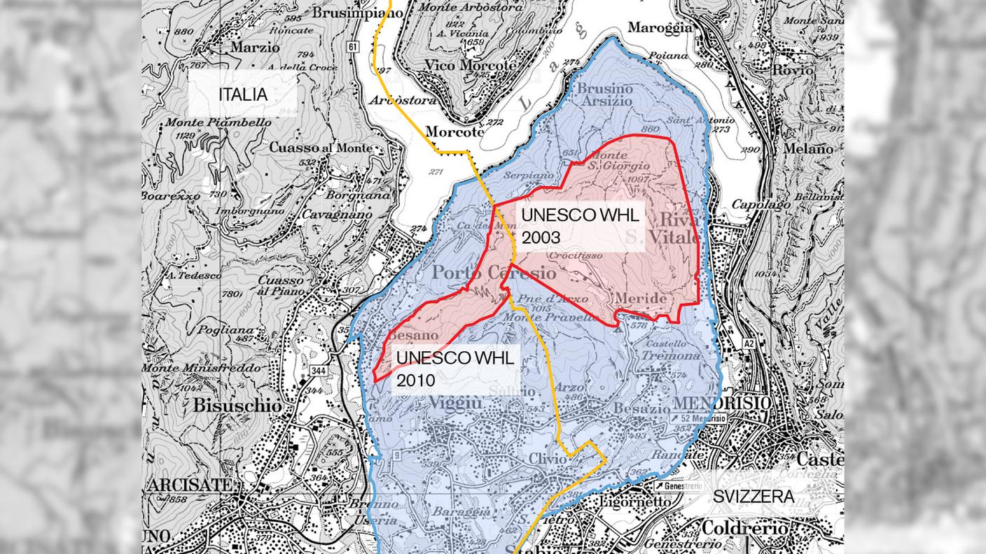 L'area del Sito transnazionale UNESCO del Monte San Giorgio. In rosso la zona centrale, in azzurro la zona periferica