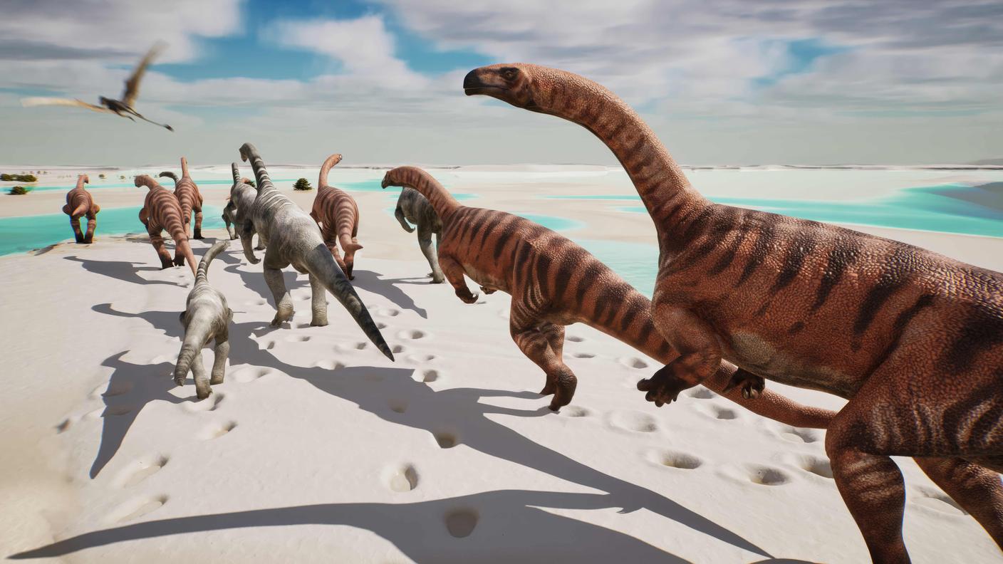 Ricostruzione paleoartistica di come poteva apparire l’ambiente di circa 210 milioni di anni fa, oggi conservato nelle rocce della Valle di Fraele. Lungo la riva dell’Oceano di Tetide, un branco di dinosauri prosauropodi cammina su una estesa piana carbonatica fangosa, durante la bassa marea