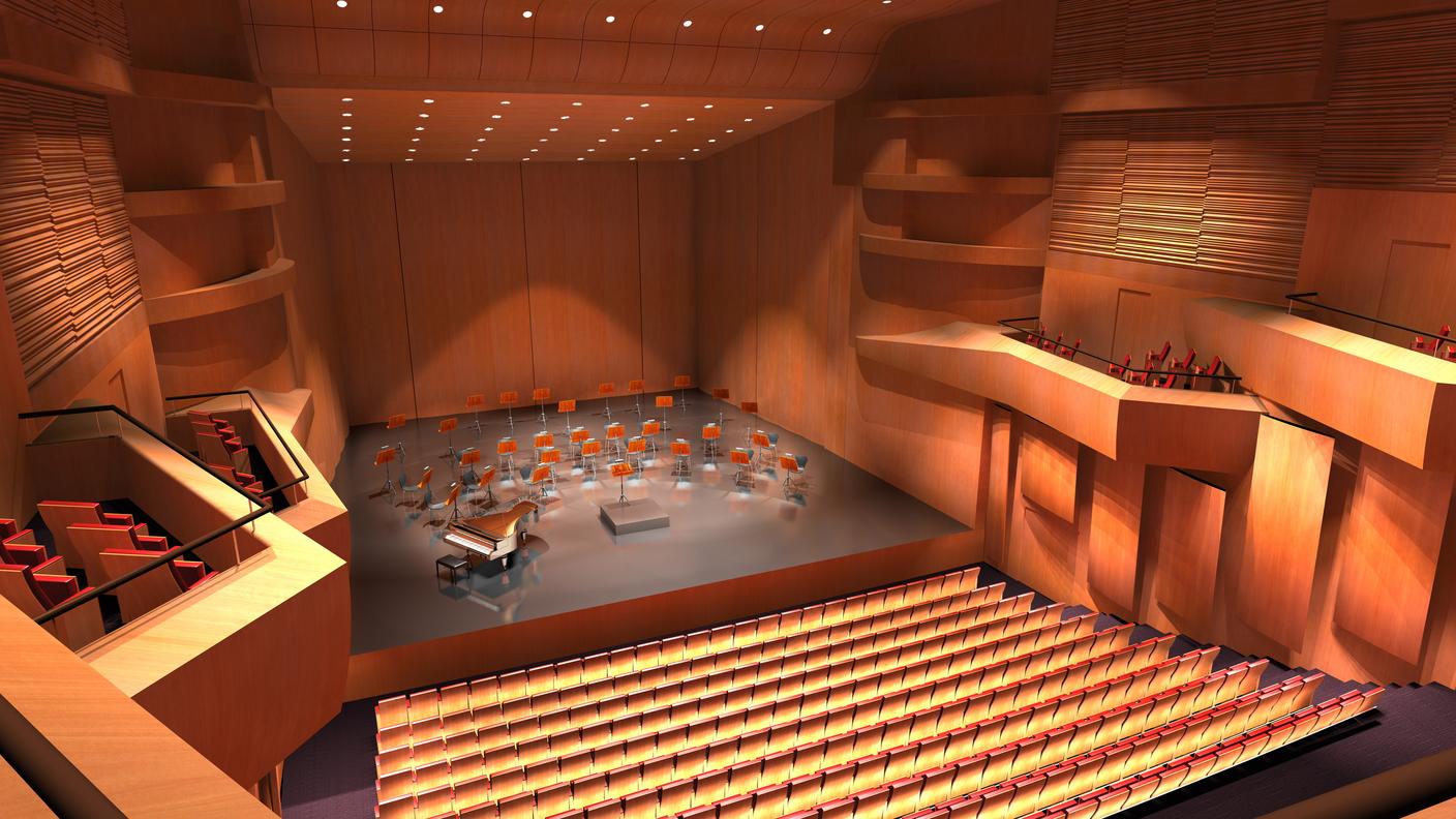 Una ricostruzione virtuale della futura sala concertistica e teatrale