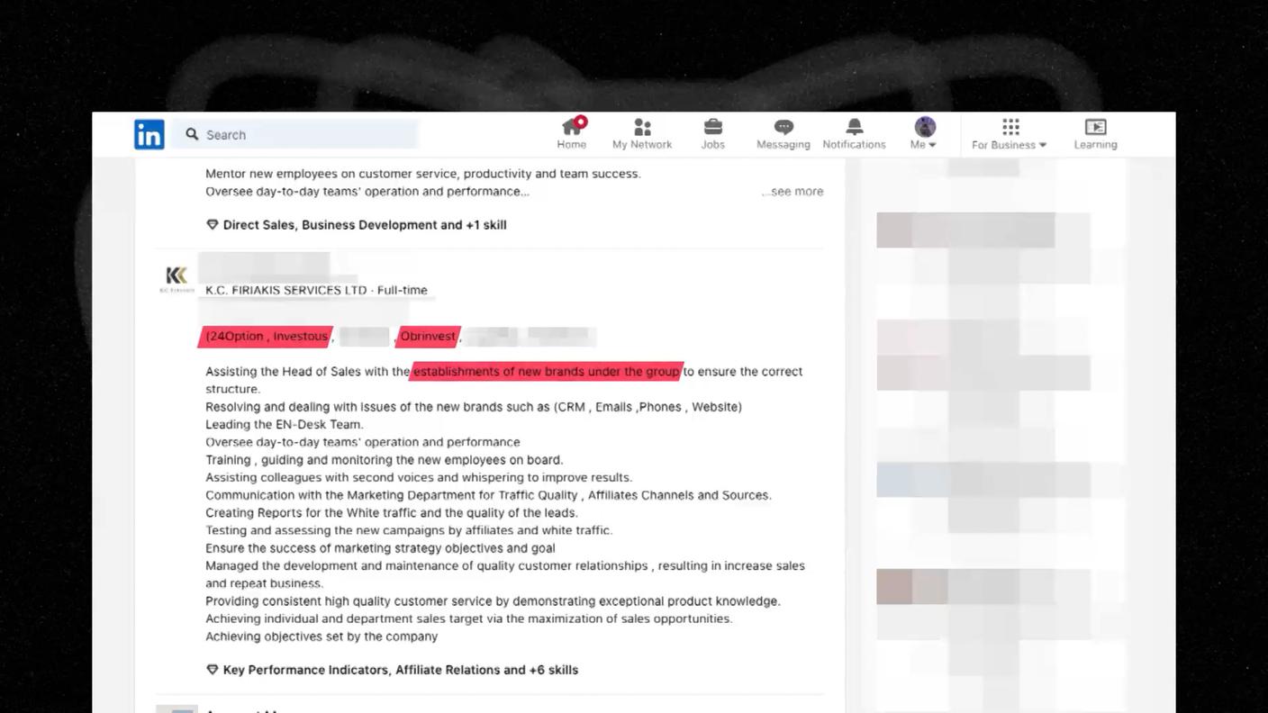 Questa descrizione suggerisce che K.C. Firiakis sta costruendo nuove piattaforme per il raggiro, ovvero i marchi. Dopo che la SRF ha contattato gli ex dipendenti, queste descrizioni sono state modificate oppure i profili LinkedIn sono scomparsi completamente