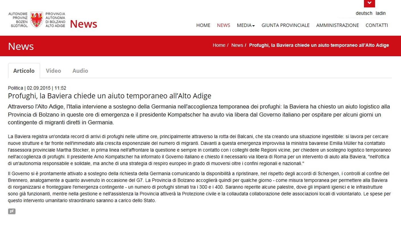 Il comunicato della Provincia Autonoma di Bolzano