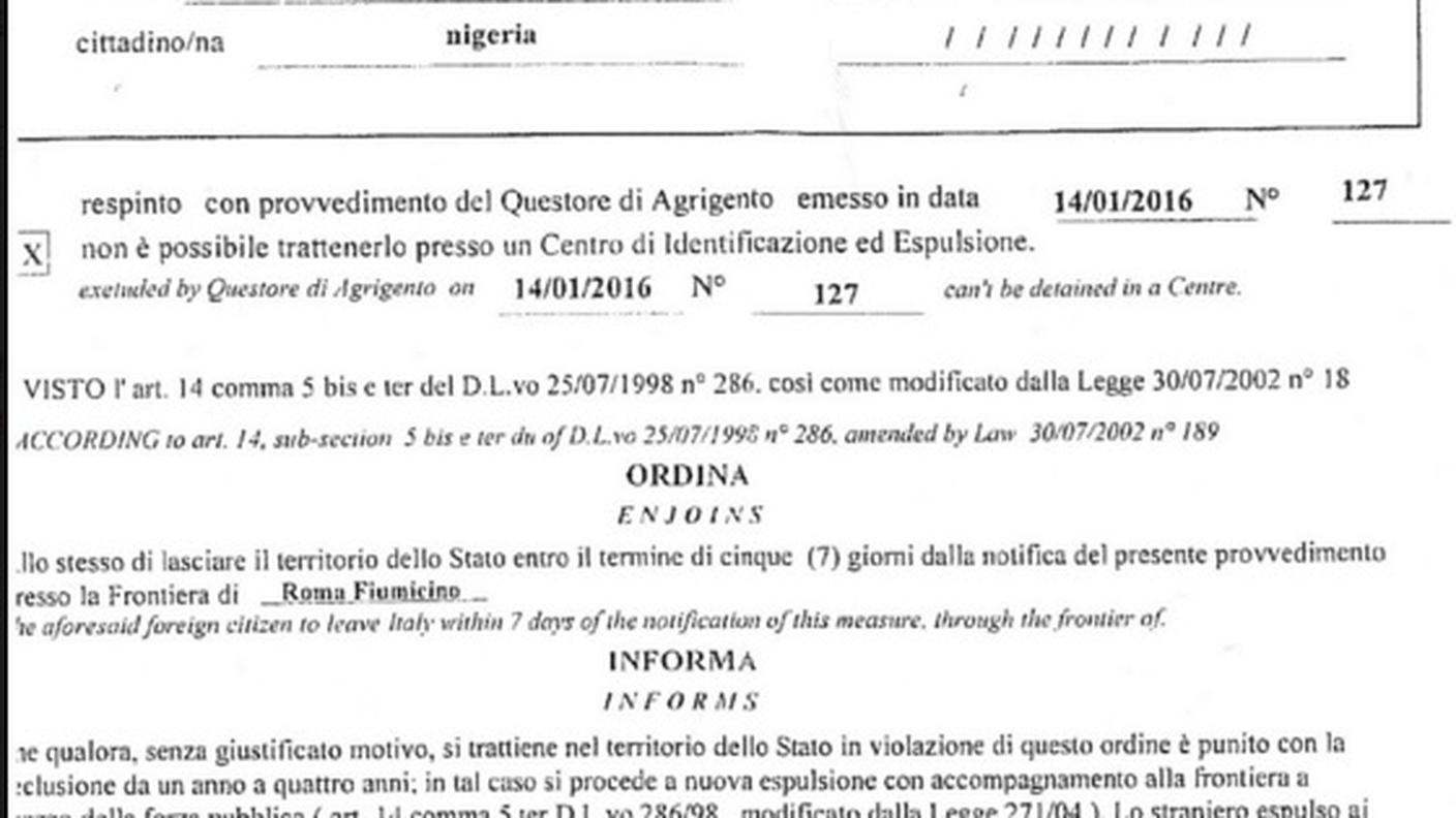 Facsimile del provvedimento di espulsione