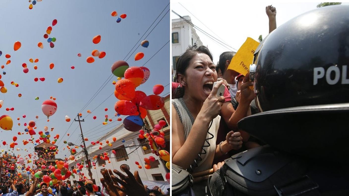 Palloncini colorati: simbolo delle anime che volano verso l'aldilà. Proteste: 4 milioni di nepalesi ancora senza casa