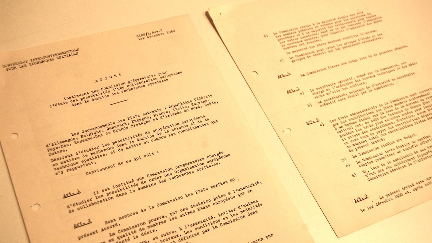 L'accordo siglato a Meyrin che pone le basi per l'istituzione dell'ESA   