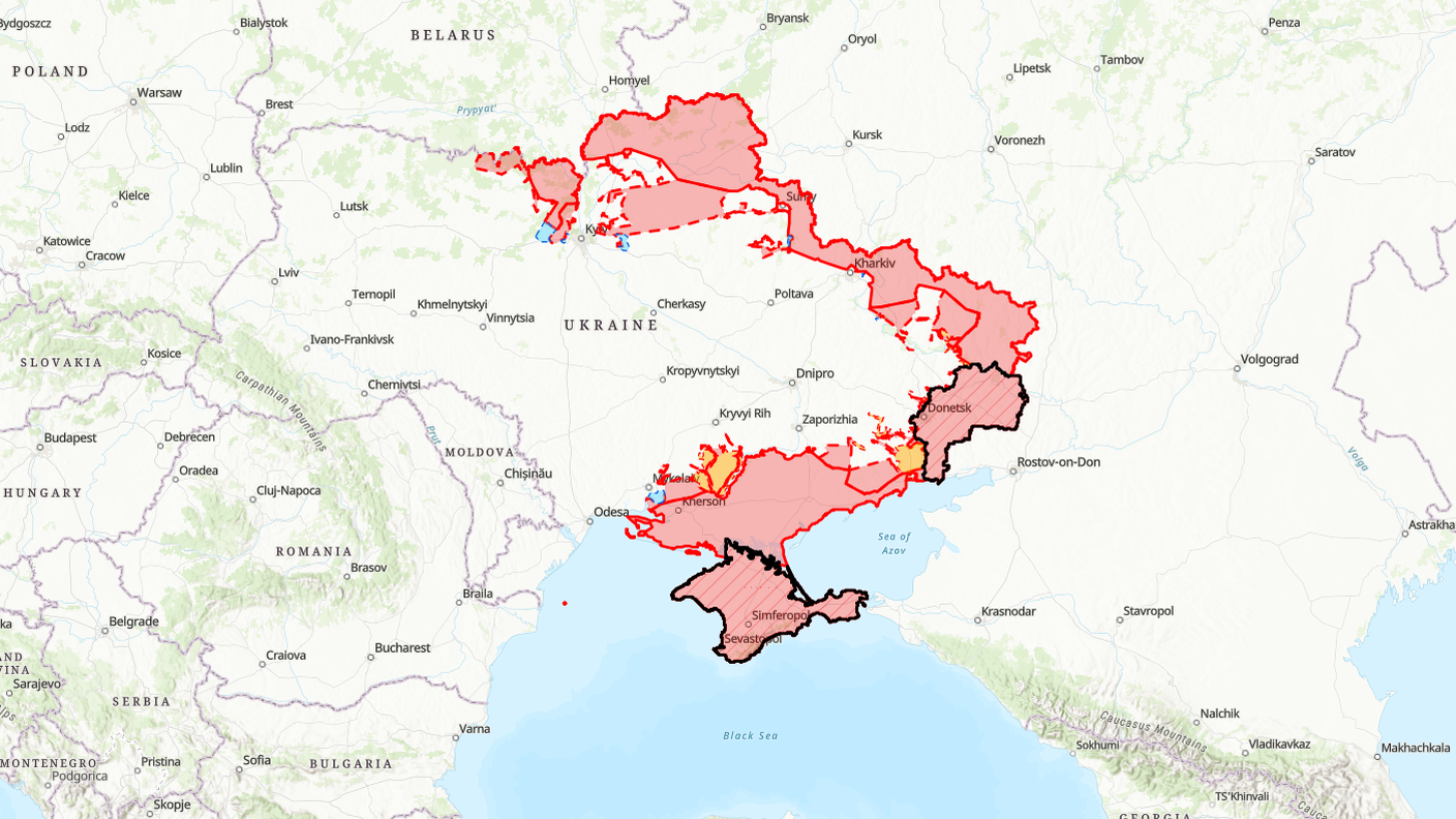 Lo stato delle forze sul campo nel marzo 2022 (26.03-28.03). Rappresentate col colore rosso sono le truppe di Mosca