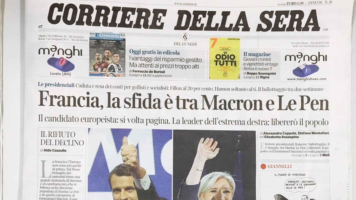 La prima pagina del Corriere della Sera