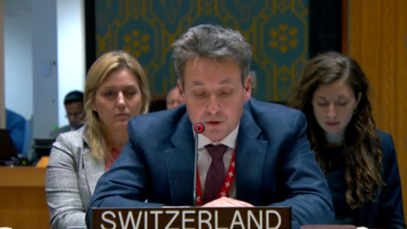 Adrian Hauri, vice rappresentante della Svizzera all'ONU, durante la seduta straordinaria del Consiglio di sicurezza dedicata alla situazione in Ucraina, 29 dicembre 2023