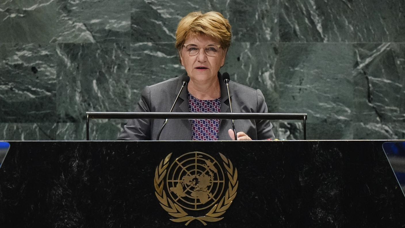 La presidente della Confederazione Viola Amherd durante il suo intervento all'ONU di domenica