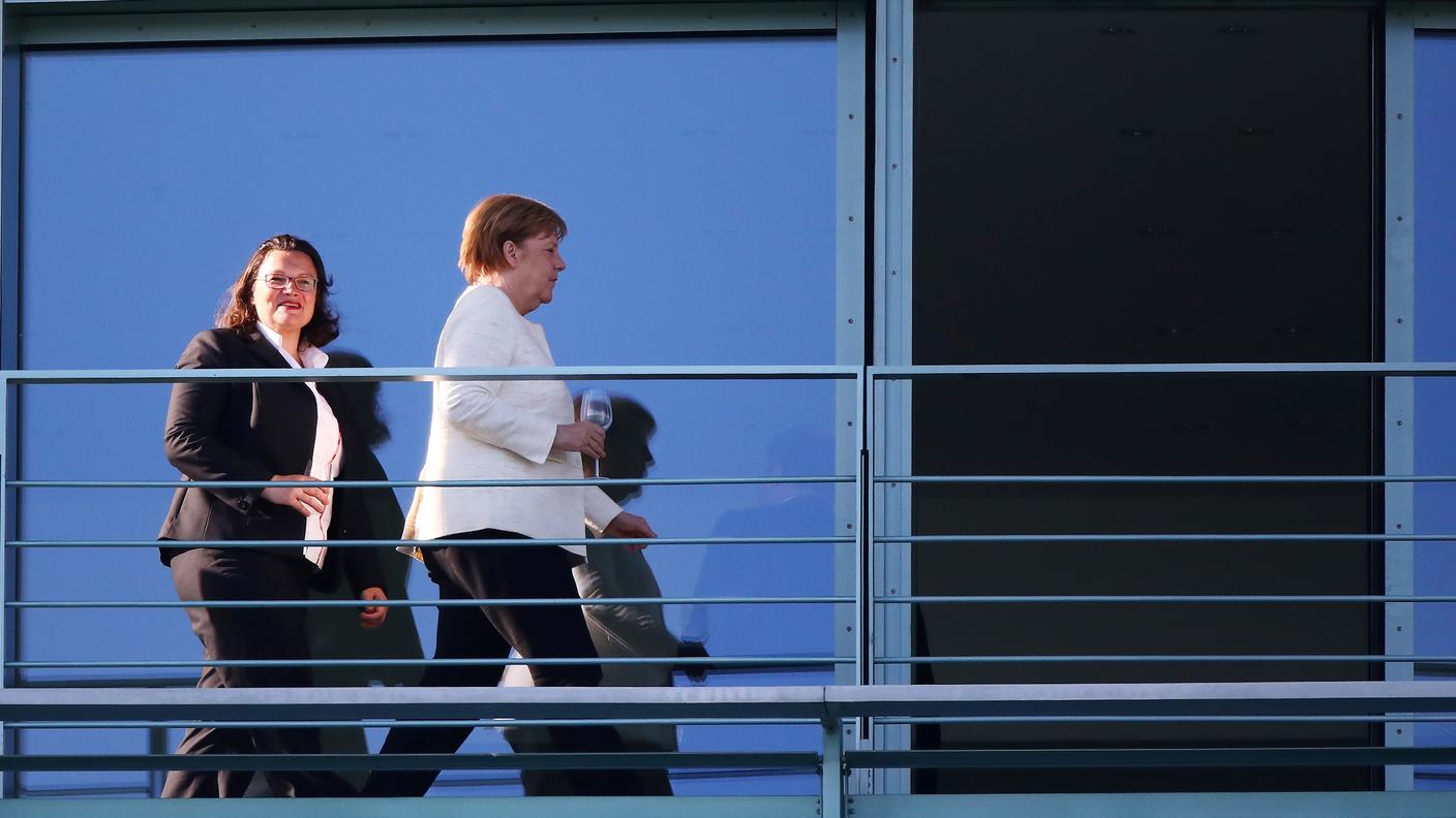 La cancelliera Angela Merkel e la presidente della SPD Andrea Nahles