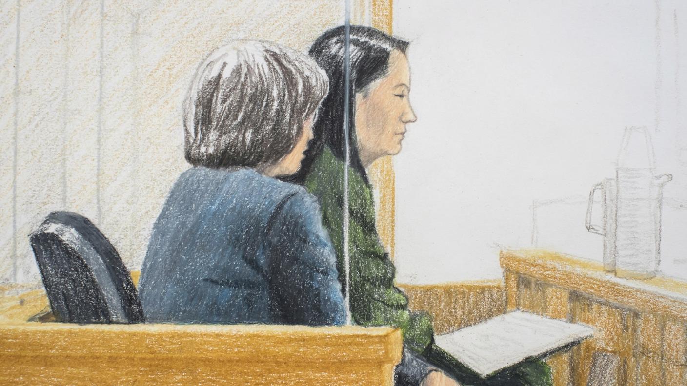La direttrice finanziaria di Huawei, Meng Wanzhou (nel disegno, a destra) davanti al giudice 